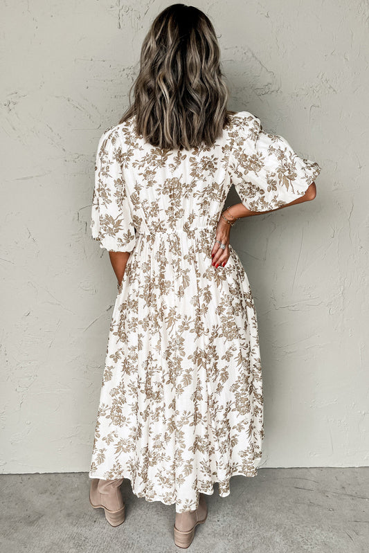 Khaki Floral Puff Sleeve V Neck Buttoned Front Maxi Dress Shop One Place