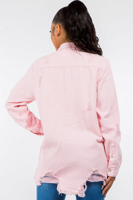 American Bazi Frayed Hem Distressed Pink Denim Jacket Shop One Place