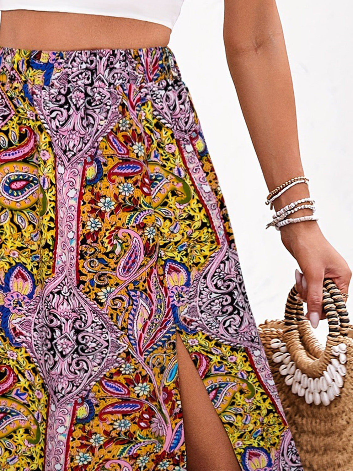 Slit Printed Elastic Waist Skirt Shop One Place