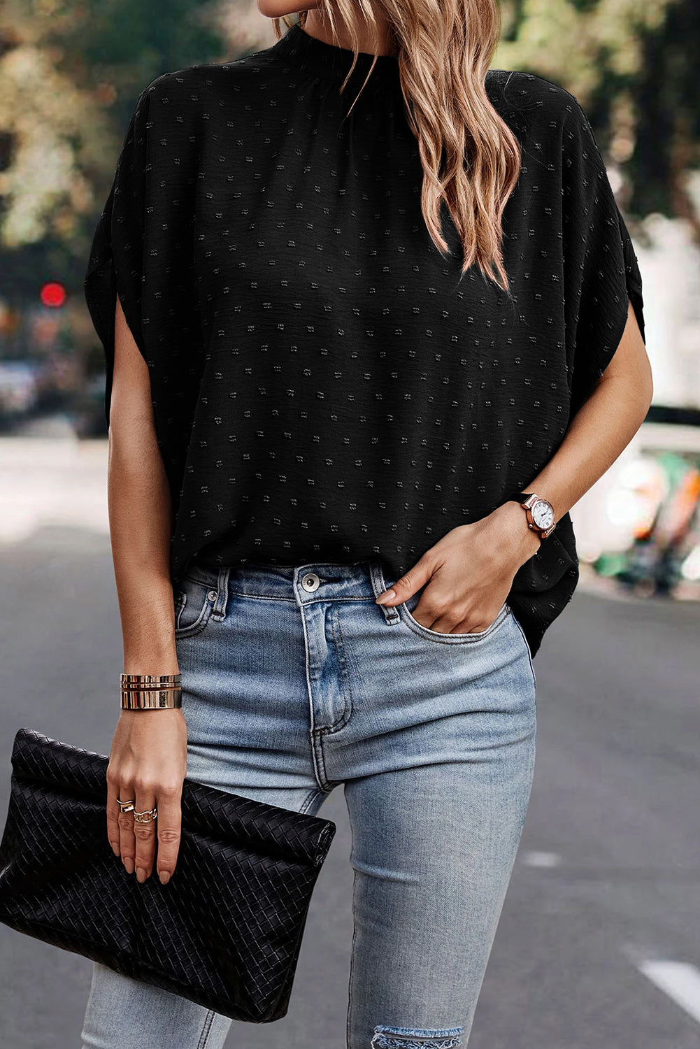 Swiss Dot Mock Neck Blouse Shop One Place