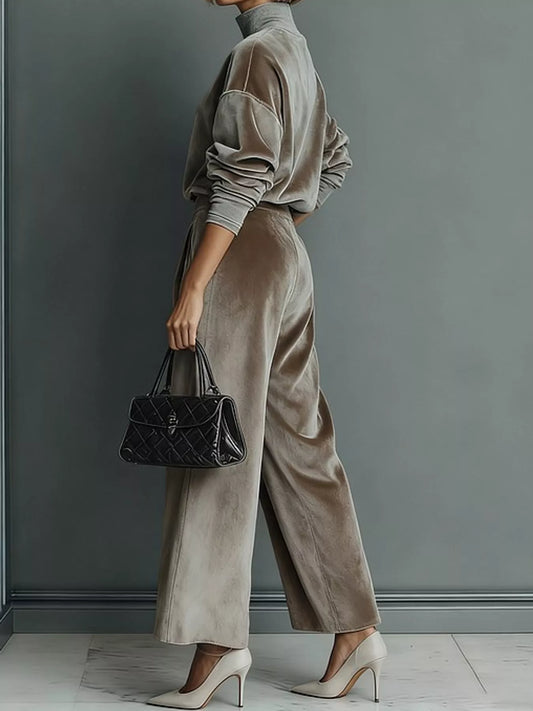 Women's Velvet Mock Neck Top & Wide-Leg Pants Set – view 2