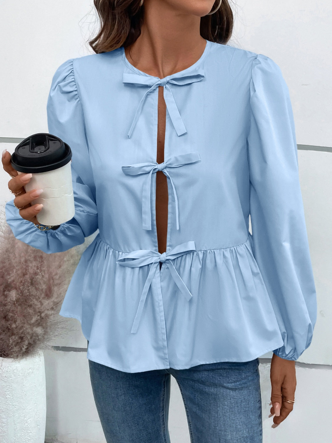 Ivy Lane Peplum Tied Long Sleeve Blouse Shop One Place