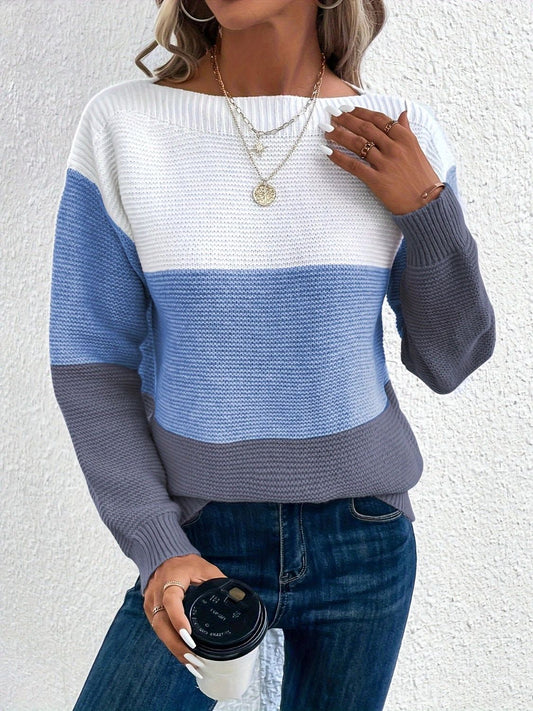 Color Block Boat Neck Sweater Shop One Place