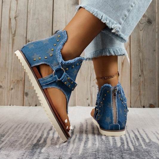 Studded Raw Hem Flat Sandals Shop One Place