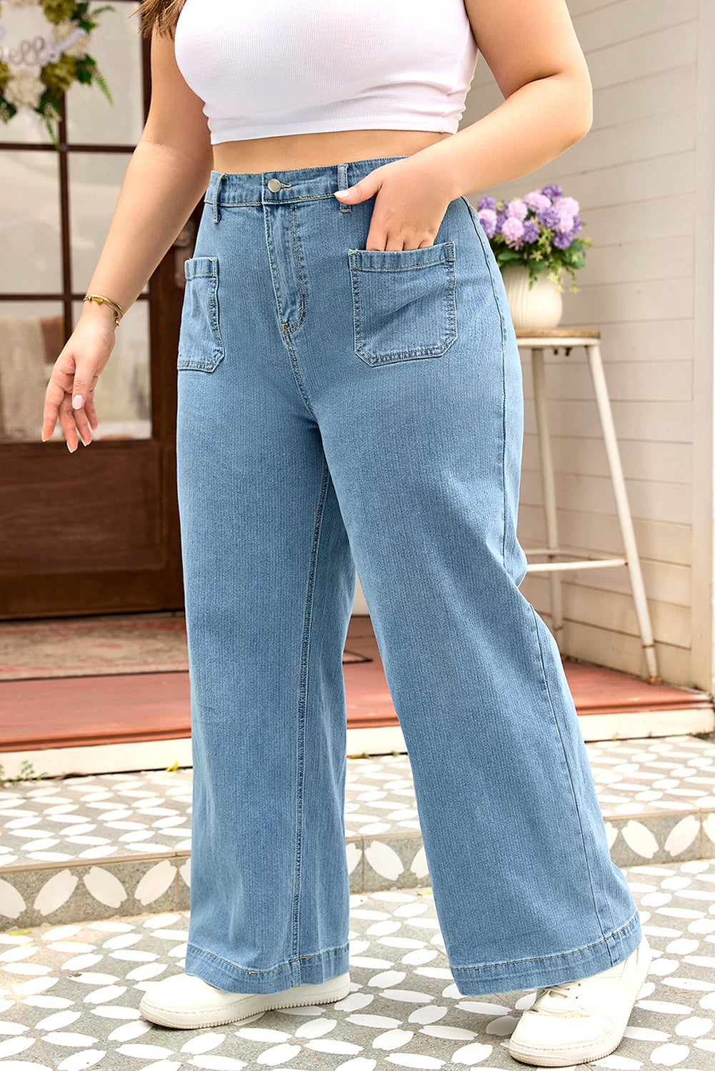 Dusk Blue Patched Pocket Textured Wide Leg Plus Size Jeans Shop One Place