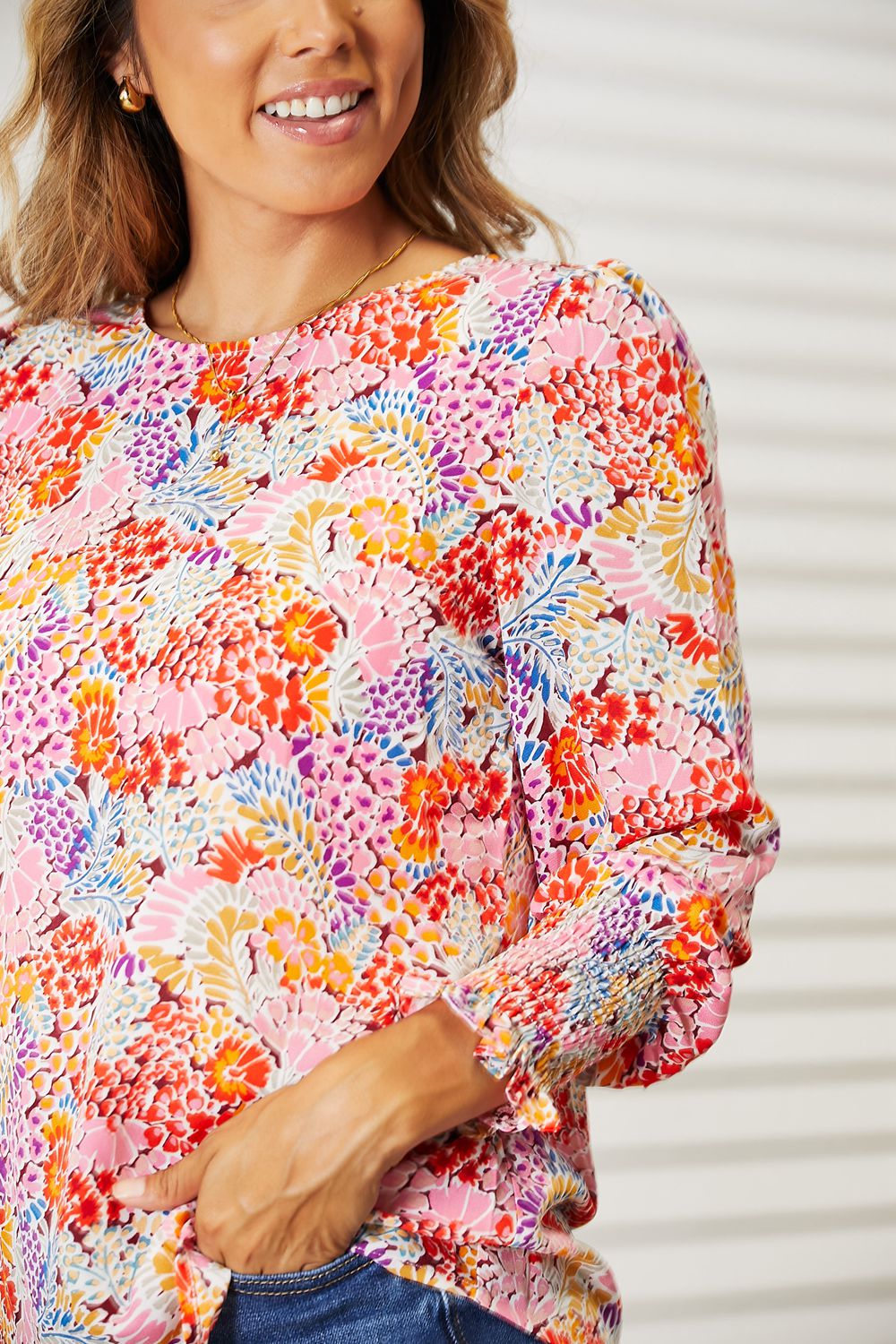 Double Take Floral Print Long Puff Sleeve Blouse Shop One Place