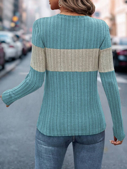 Color Block Round Neck Long Sleeve Top Shop One Place