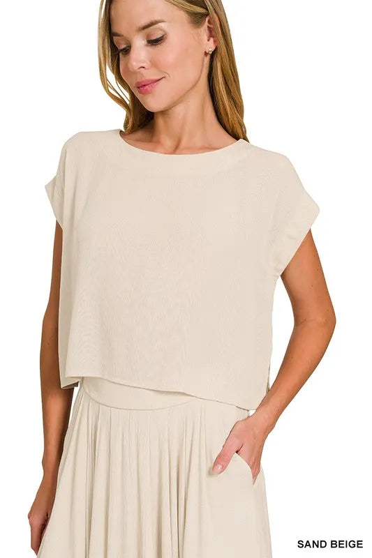 Zenana Woven Crinkle Gauze Crop Tee and Skirt Set-Beige Shop One Place