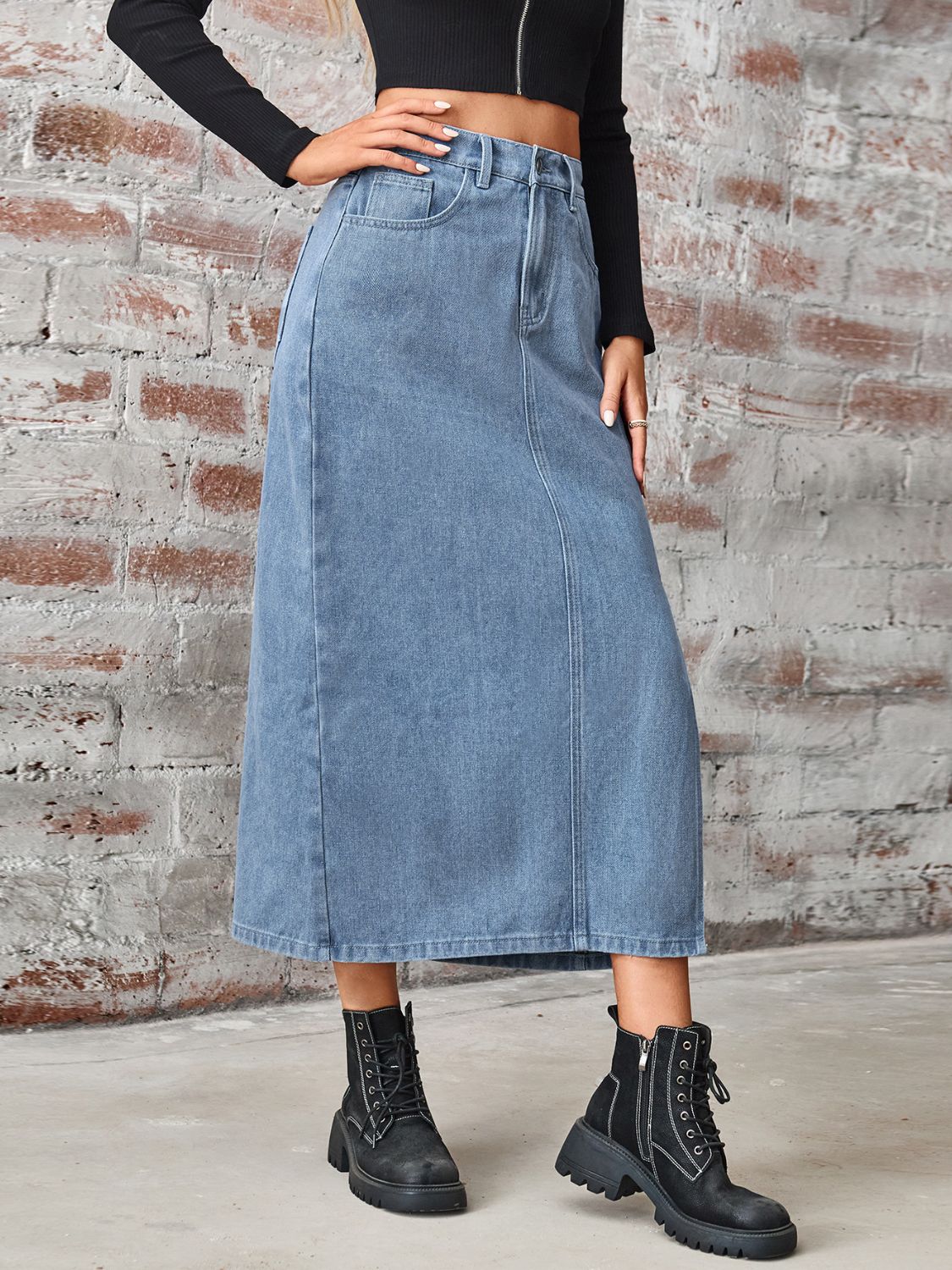 Slit High Waist Denim Skirt with Pockets Shop One Place