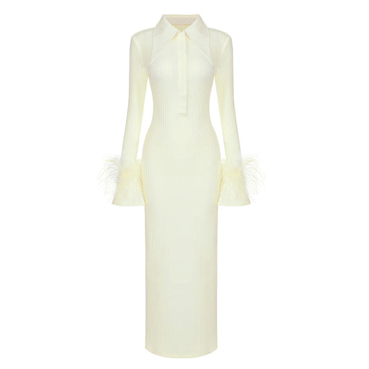 Collard Long Sleeve Feather Knitted Striped Slim Bandage Dress Shop One Place