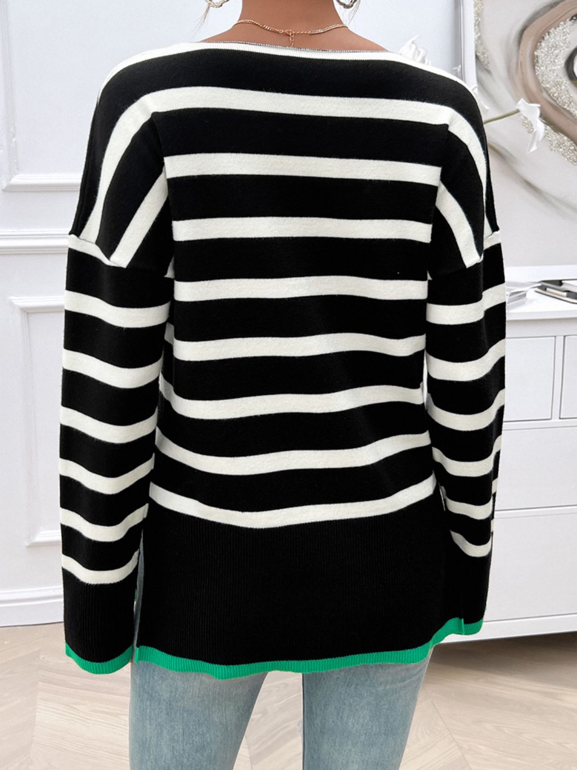 Striped V-Neck Long Sleeve Knit Top Shop One Place