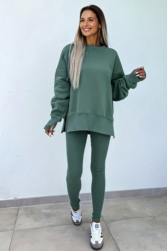 Green Bay Solid Color Oversize Slit Sweatshirt Ribbed Leggings Set Shop One Place
