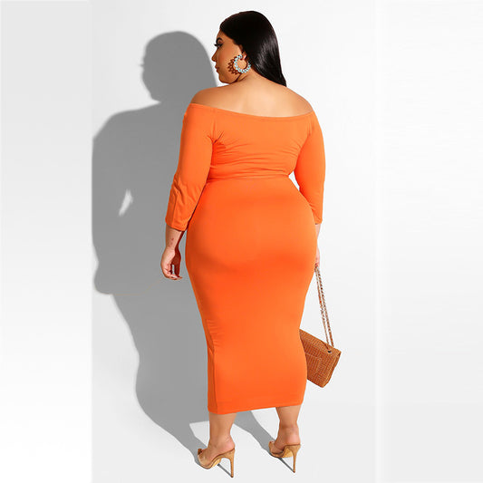 Plus Size Solid Color off-the-Neck Dress Shop One Place