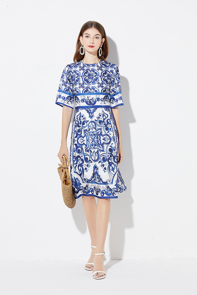 Women Summer Printed A Line Crew Neck Dress Shop One Place