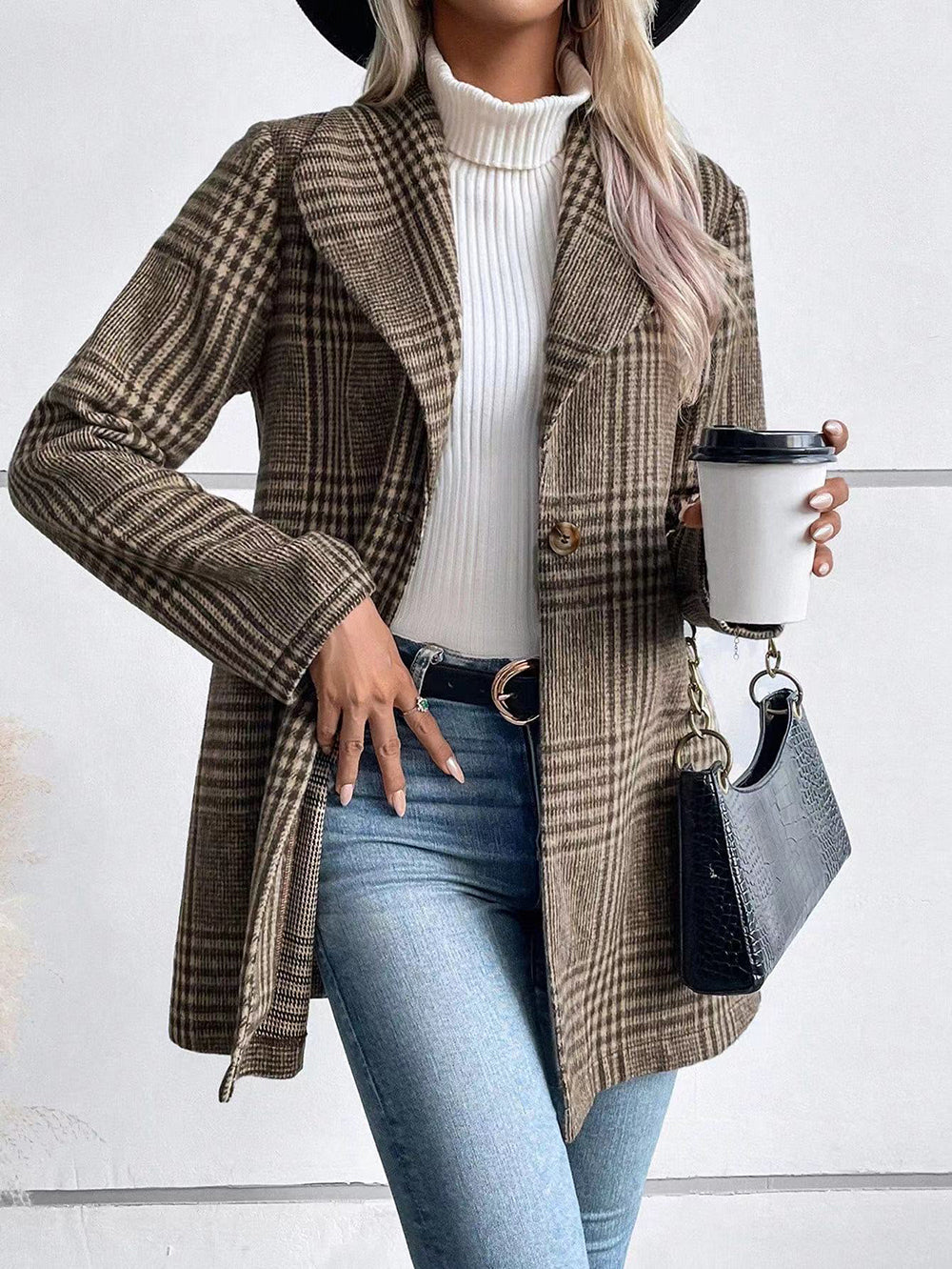 Collared Woolen Plaid Slim Fit Coat Shop One Place