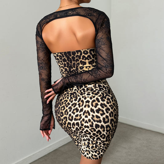 Leopard Print Steel Ring Hip Lace See through Horn Long Sleeve Dress Shop One Place