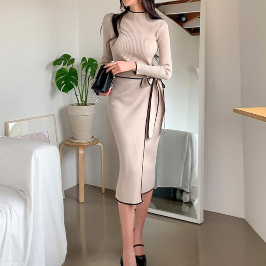 High Neck Slim Mid Length Knit Dress Shop One Place