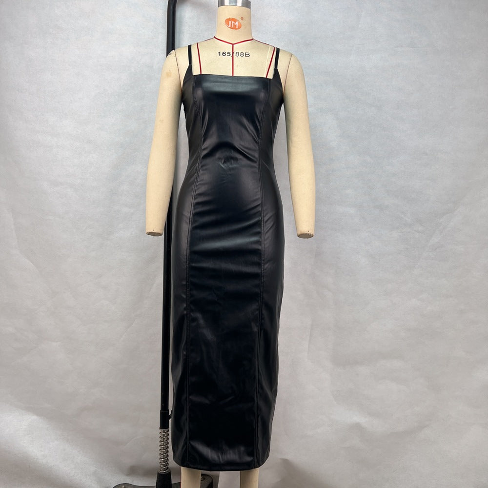 Faux Leather Sling Zipper Back Slit Line Waist Tight Hip Dress Shop One Place