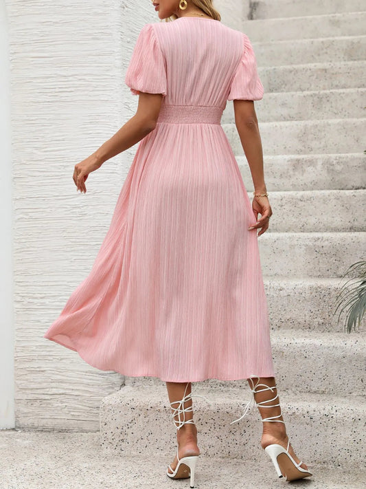 V-Neck Puff Sleeve Dress Shop One Place