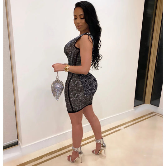 Sexy Slim-Fit Rhinestone See-through Dress Shop One Place