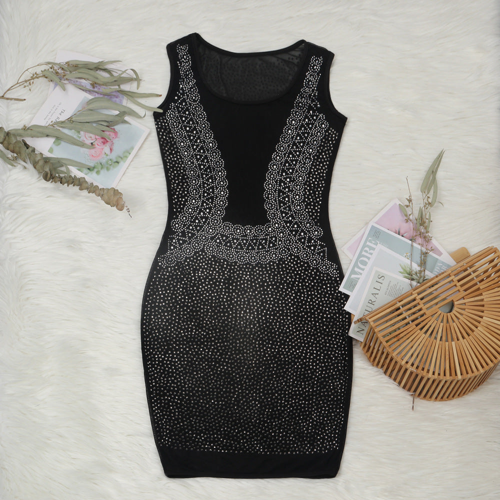 Sexy Slim-Fit Rhinestone See-through Dress Shop One Place