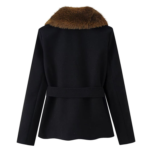 Faux Fur Collar Belted Wool Coat