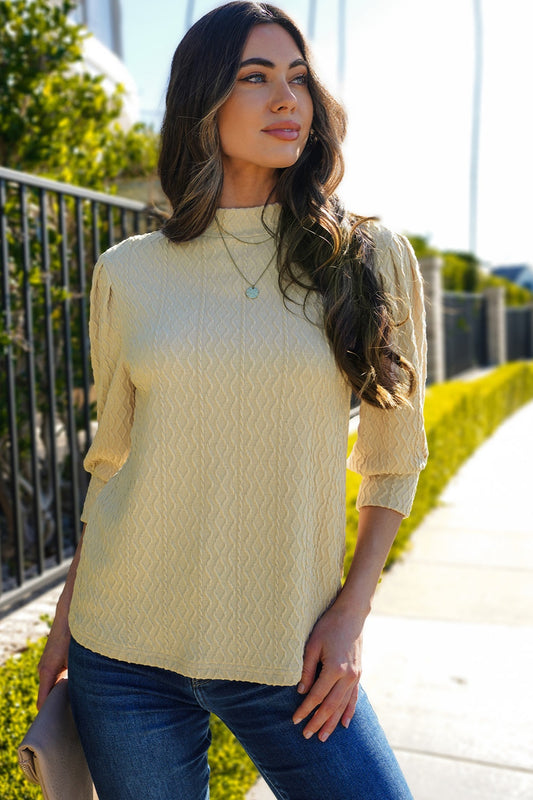 Textured Mock Neck Three-Quarter Sleeve Top Shop One Place