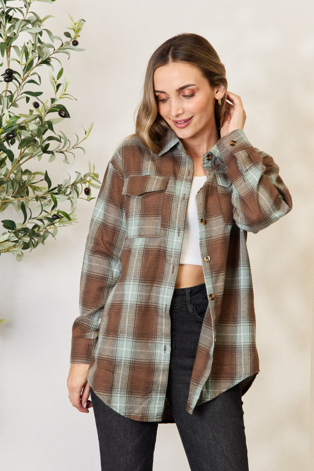 Double Take Plaid Dropped Shoulder Shirt Shop One Place