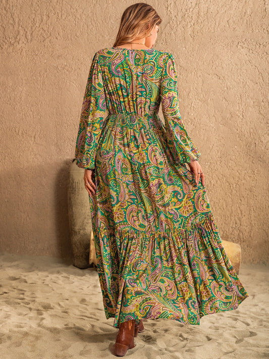 Printed Tie Neck Long Sleeve Dress Shop One Place