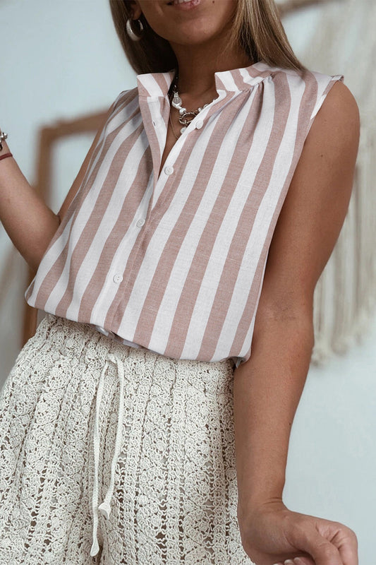 Stripe Button Down Sleeveless Shirt Shop One Place
