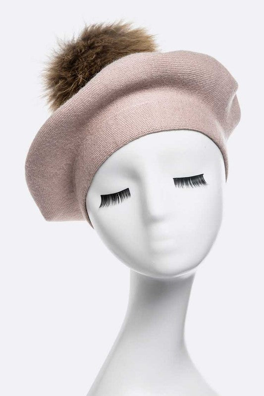 Genuine Fur Pom Cashmere Beret Shop One Place
