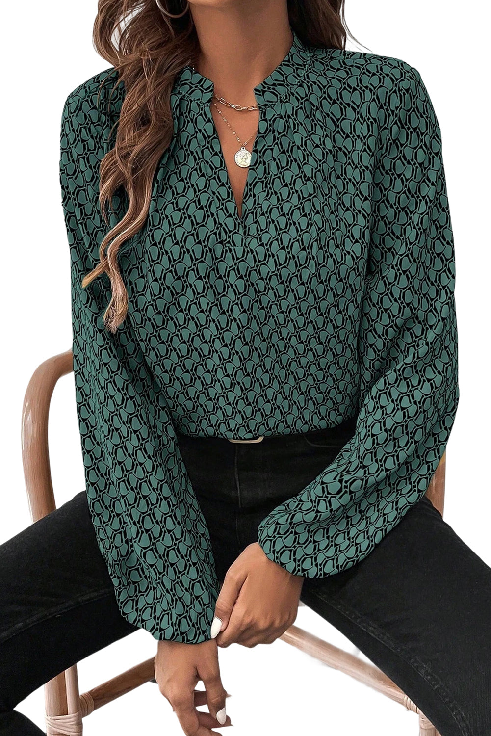 Khaki Geometric Print Notched Neck Long Sleeve Blouse Shop One Place