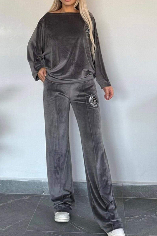 Full Size Boat Neck Long Sleeve Top and Pants Set Shop One Place