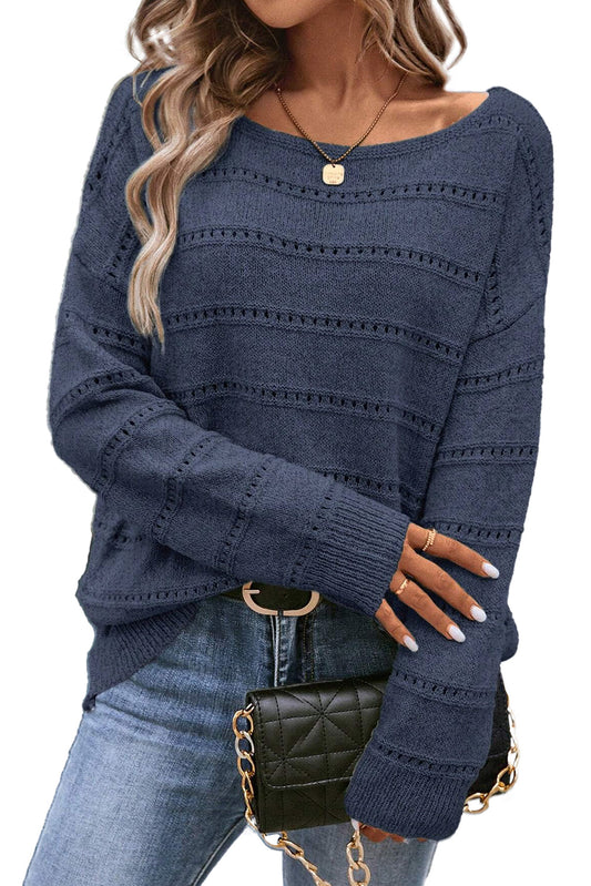 Real Teal Boat Neck Drop Shoulder Pointelle Knit Sweater Shop One Place