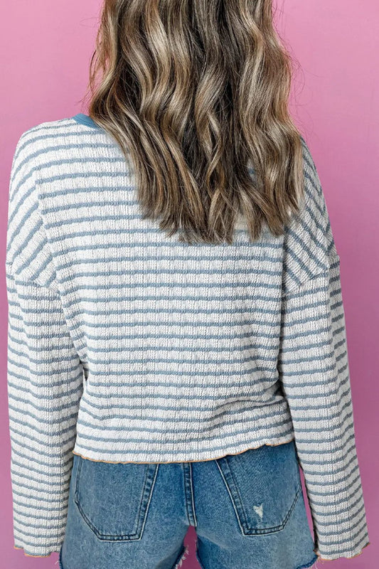 Striped Round Neck Dropped Shoulder Long Sleeve Top Shop One Place