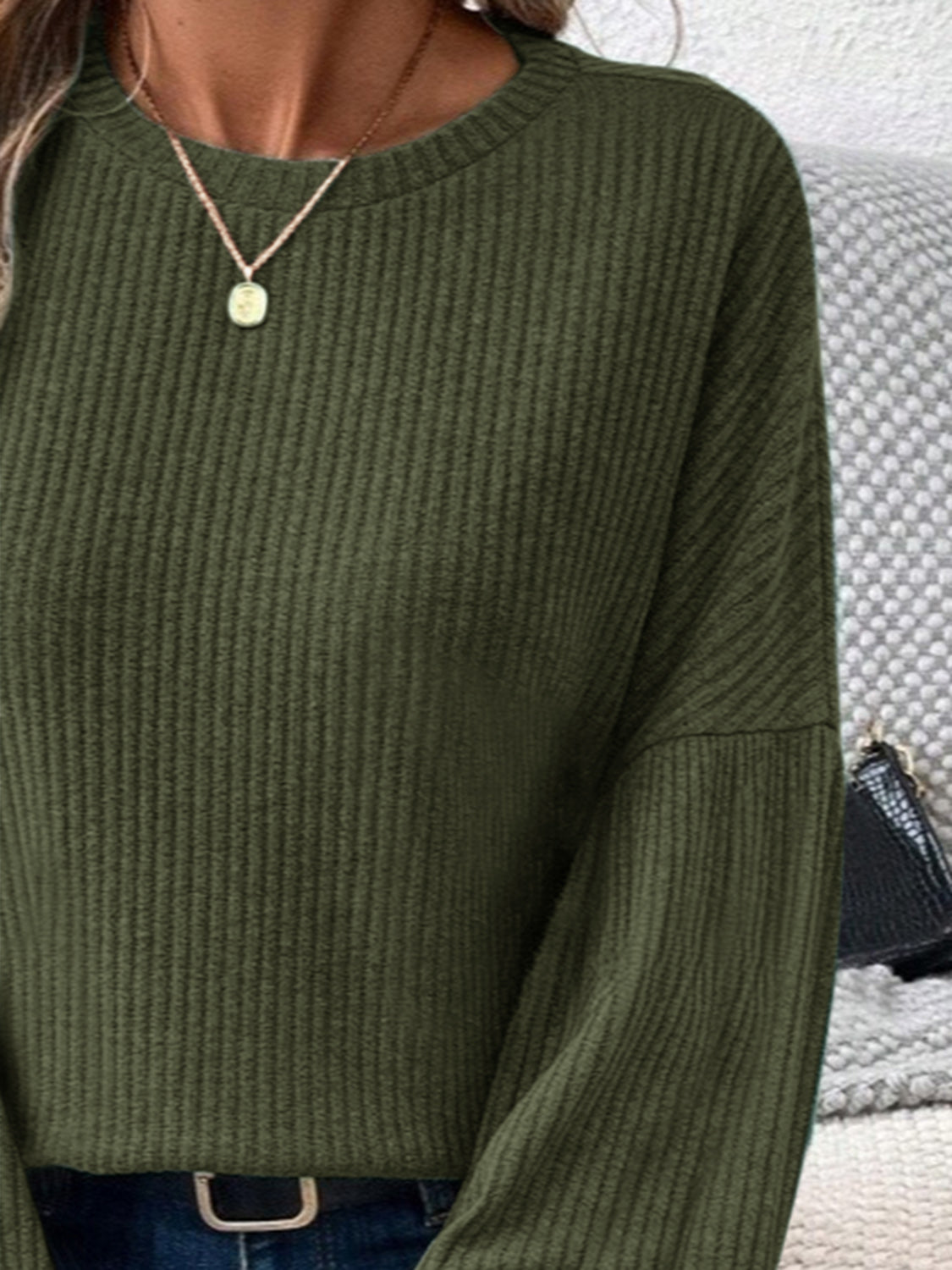 Ribbed Round Neck Lantern Sleeve T-Shirt Shop One Place