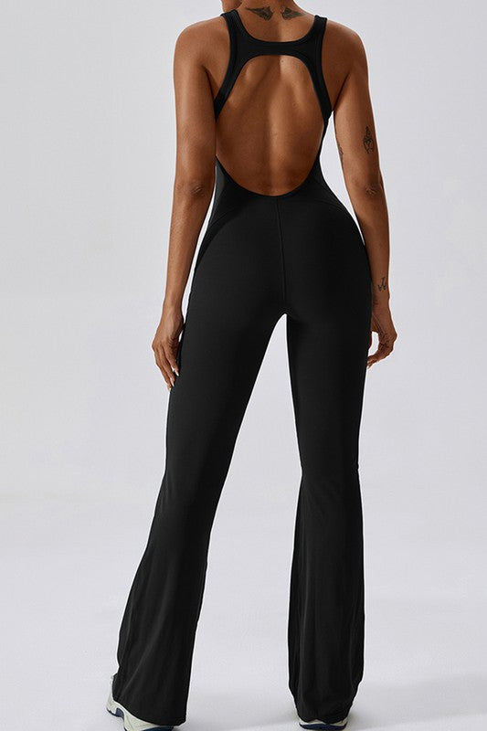 Solid flared trousers cutout back jumpsuit Shop One Place