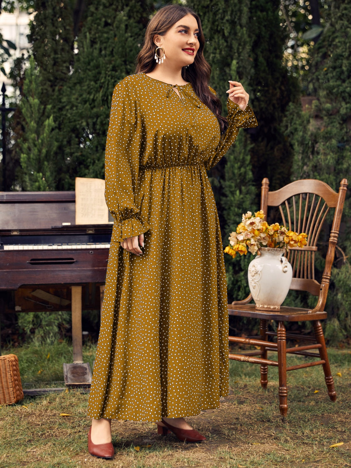Honey Plus Size Ruffled Polka Dot Long Sleeve Midi Dress Shop One Place