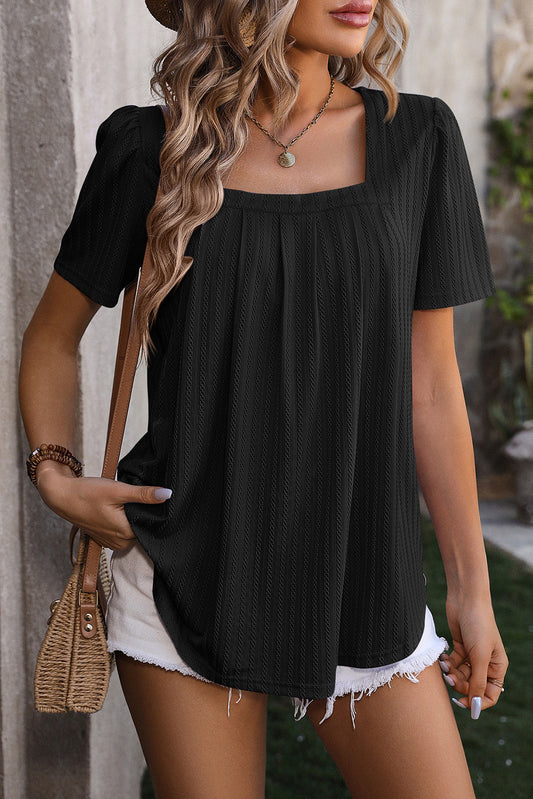 Black Chic Texture Square Neck Short Sleeve Babydoll Blouse