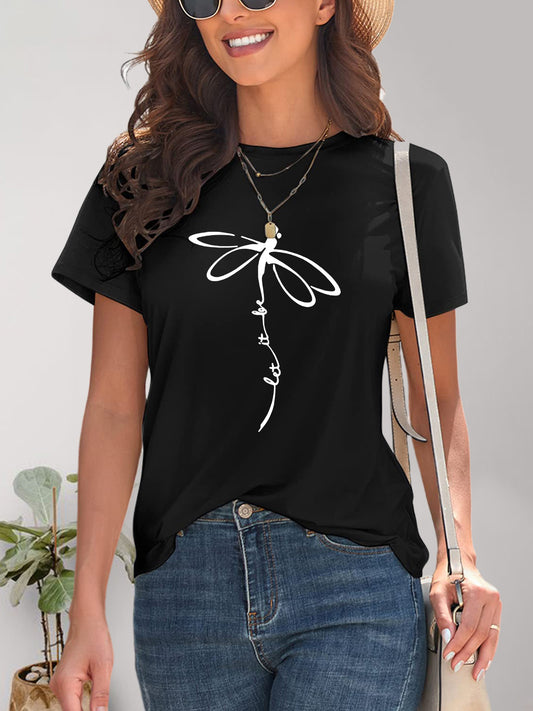 Dragonfly Graphic Round Neck Short Sleeve T-Shirt