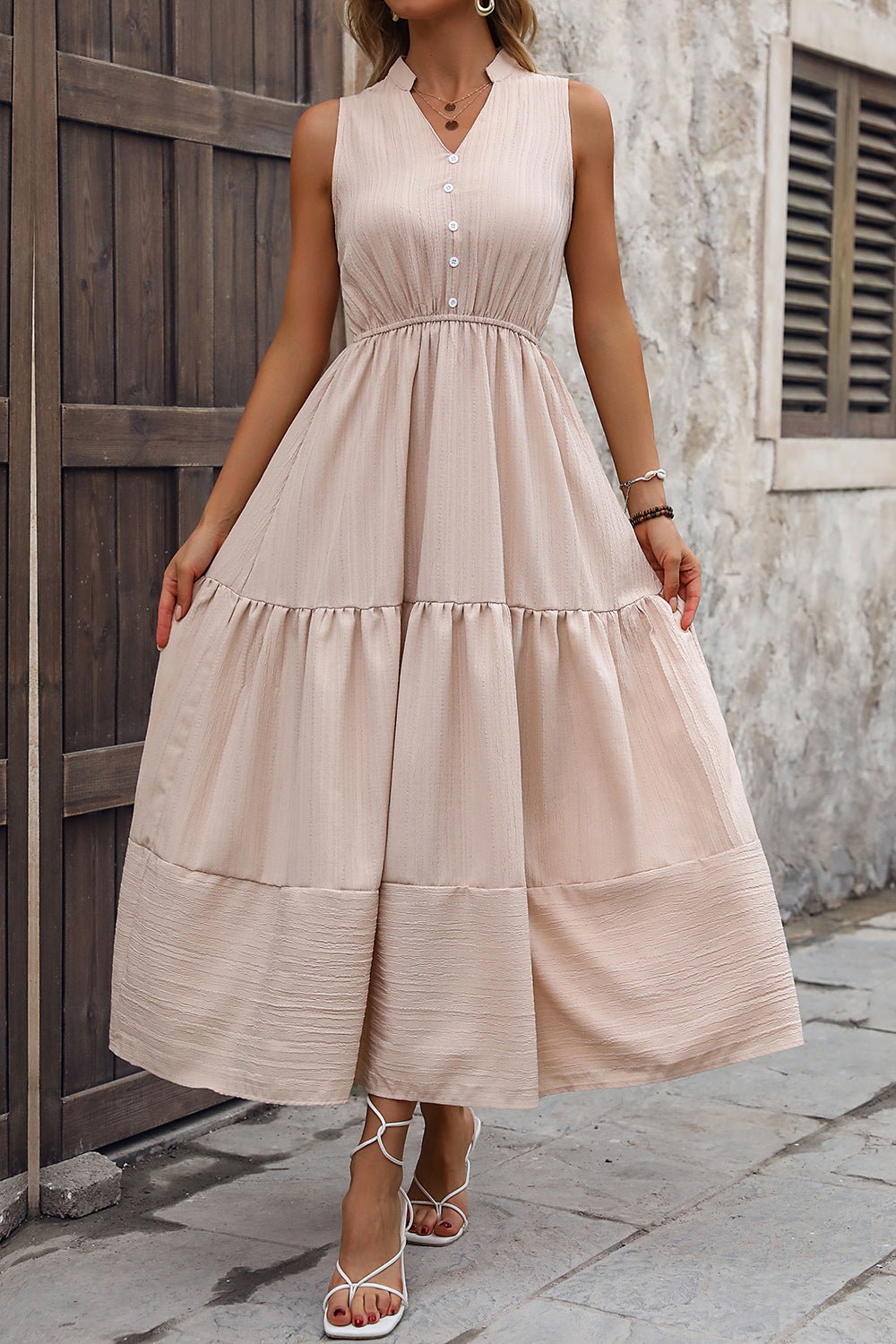 Decorative Button Notched Tiered Dress Shop One Place