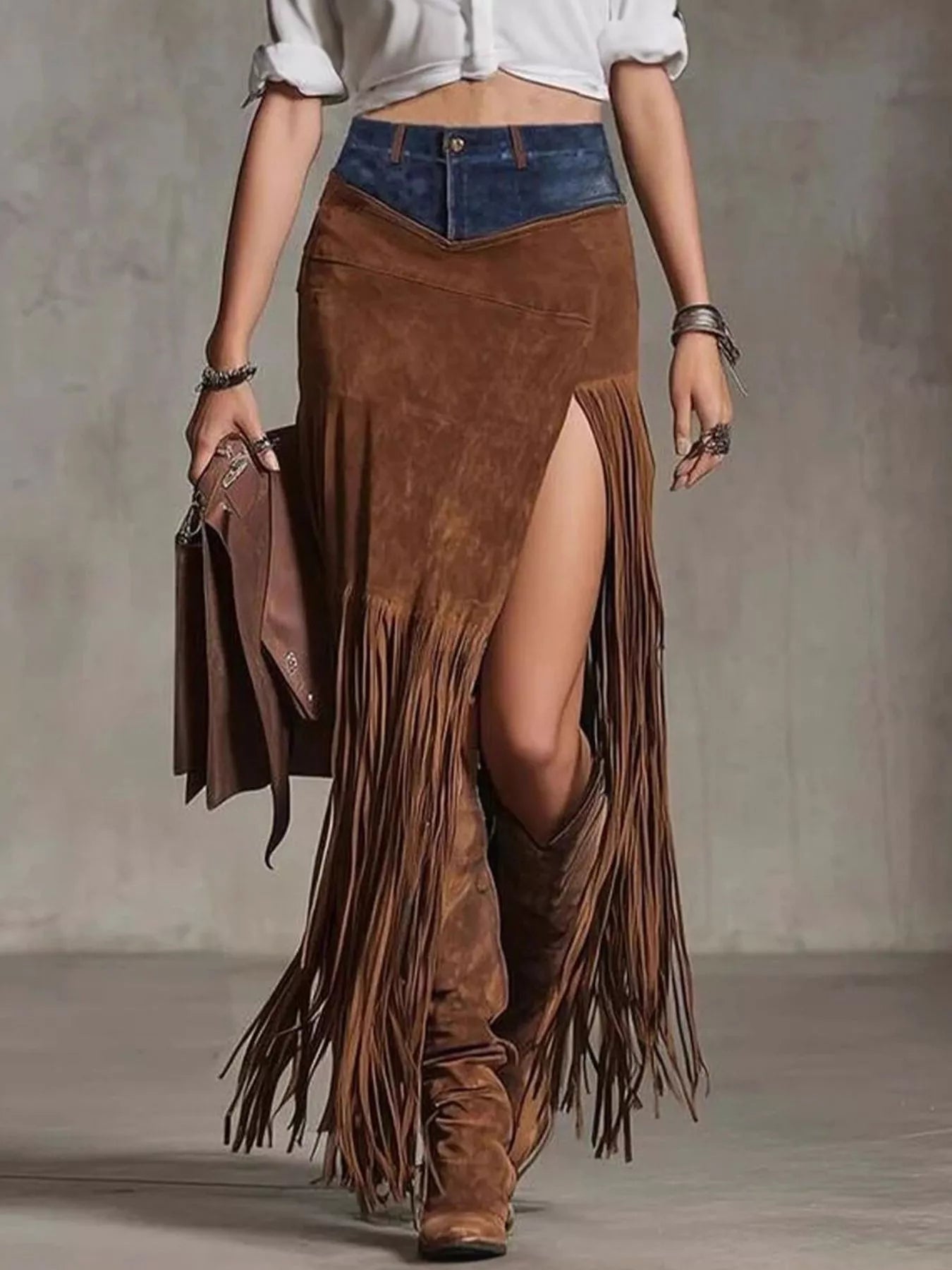 Denim Patchwork Fringe Maxi Skirt Shop One Place