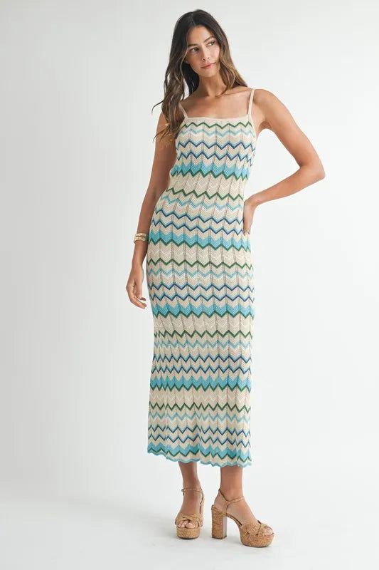 MABLE Lightweight Pointelle Chevron Knit Maxi Dress Shop One Place