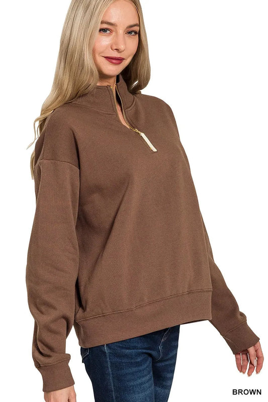 Zenana Fleece Half Zip Sweatshirt Shop One Place