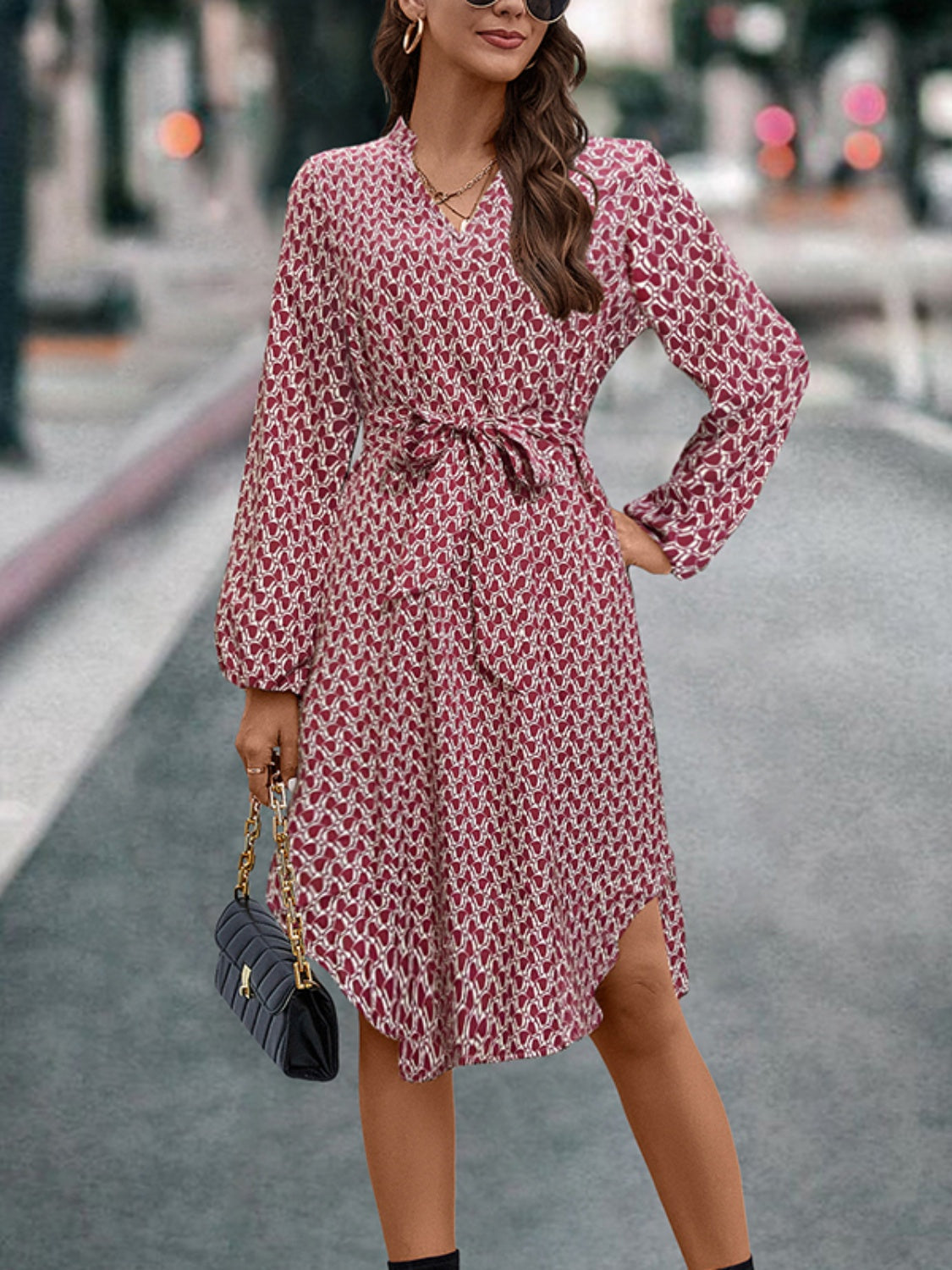 Tied Printed Notched Balloon Sleeve Dress Shop One Place