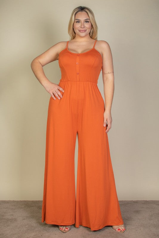 Plus Size Button Front Wide Leg Jumpsuit Shop One Place