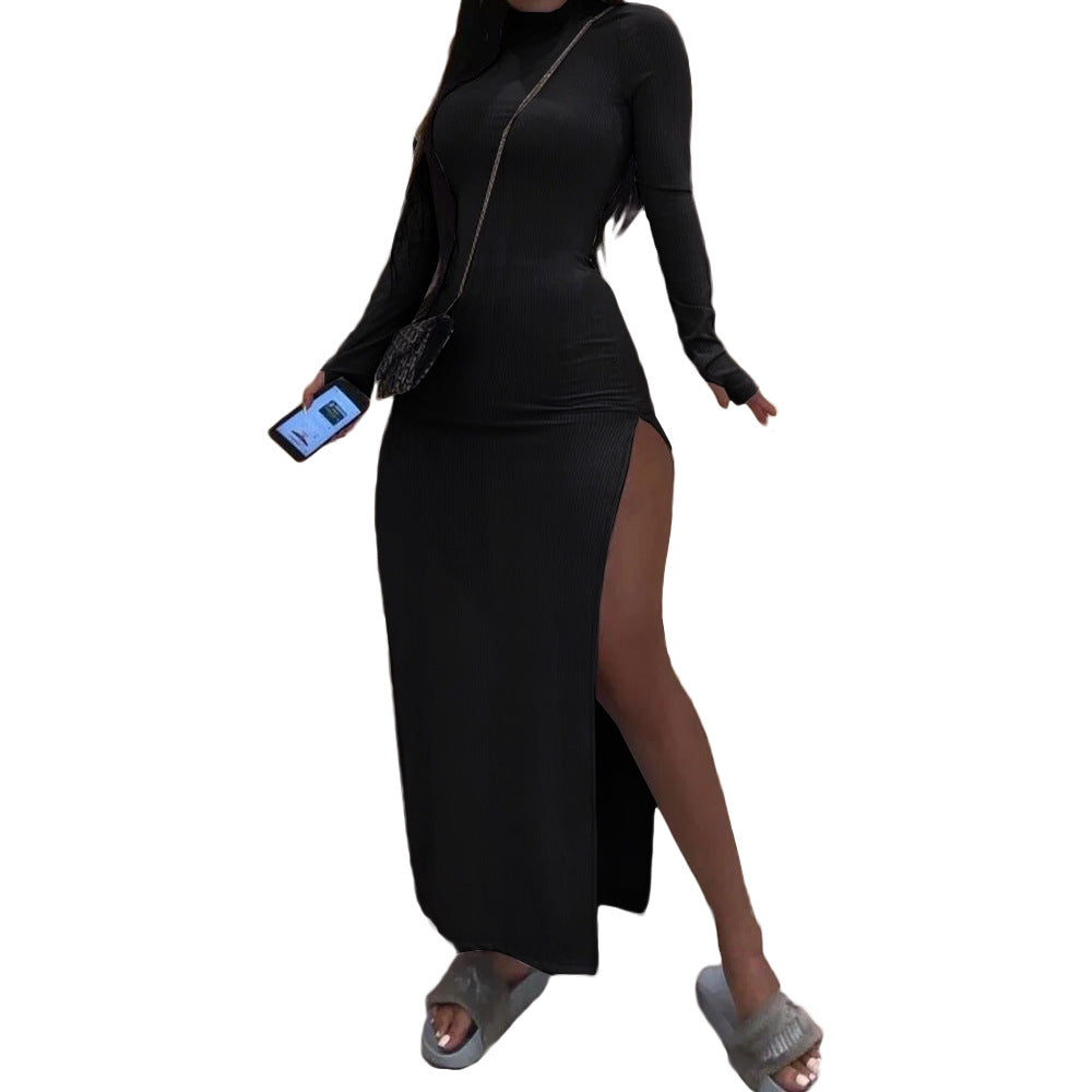 Sunken Stripe Windproof Long-Sleeve Turtleneck Slit Dress Shop One Place