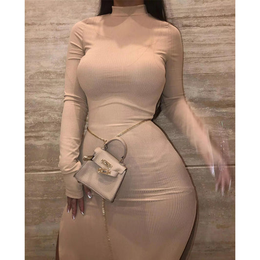 Sunken Stripe Windproof Long-Sleeve Turtleneck Slit Dress Shop One Place