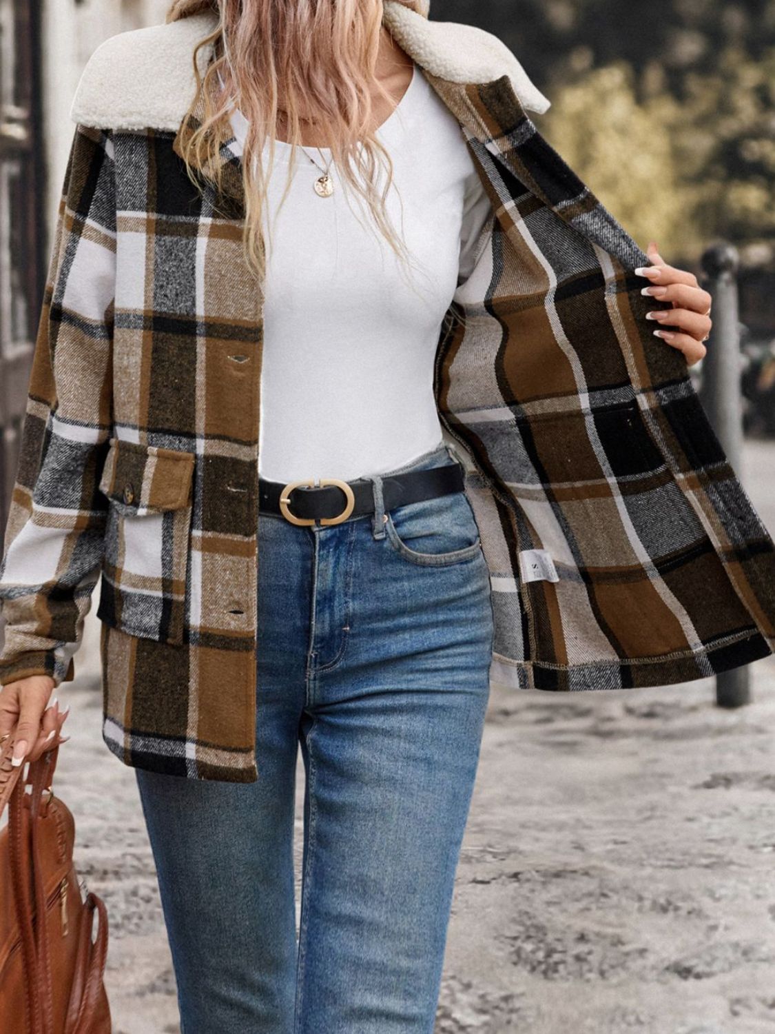 Perfee Pocketed Plaid Button Up Collared Neck Jacket Shop One Place