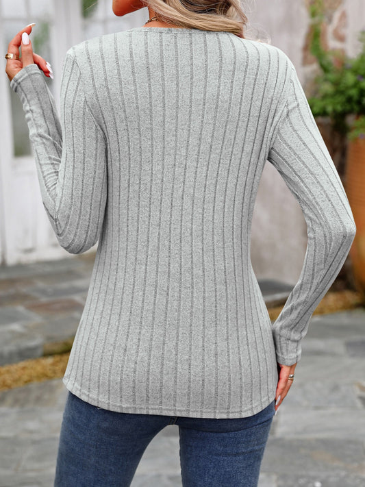 Decorative Button Round Neck Long Sleeve T-Shirt Shop One Place
